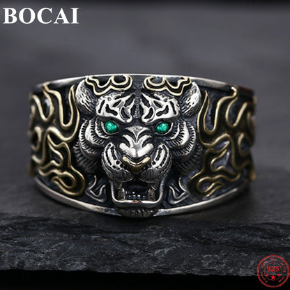 BOCAI S925 Sterling Silver Rings 2022 New Fashion Zodiac Zircon Tiger Head Adjustable Pure Argentum Hand Jewelry for Men