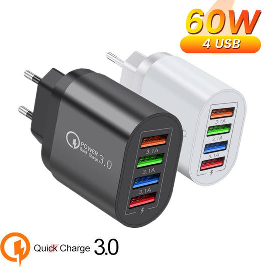 USB Charger 4 Port 60W 3.1A Quik Charge 3.0 Mobile Phone Charger For iPhone 11 Samsung Xiaomi Poco f3 Fast Wall Chargers