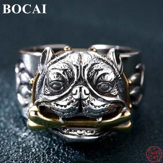 BOCAI S925 Sterling Silver Charm Rings 2022 New Fashion Retro Dog Bites Bone Adjustable Pure Argentum Hand Jewelry for Men