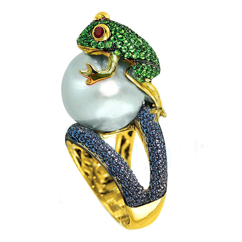 Huitan Cute Animal Ring Jumping Frog Shaped Fancy Rings Birthday Gift For Children Rough Surface With Simulated Pearl Ring