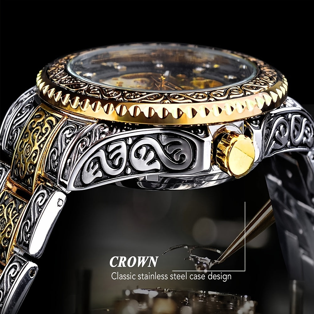 Men's Fashion Carved Golden Mechanical Watch.