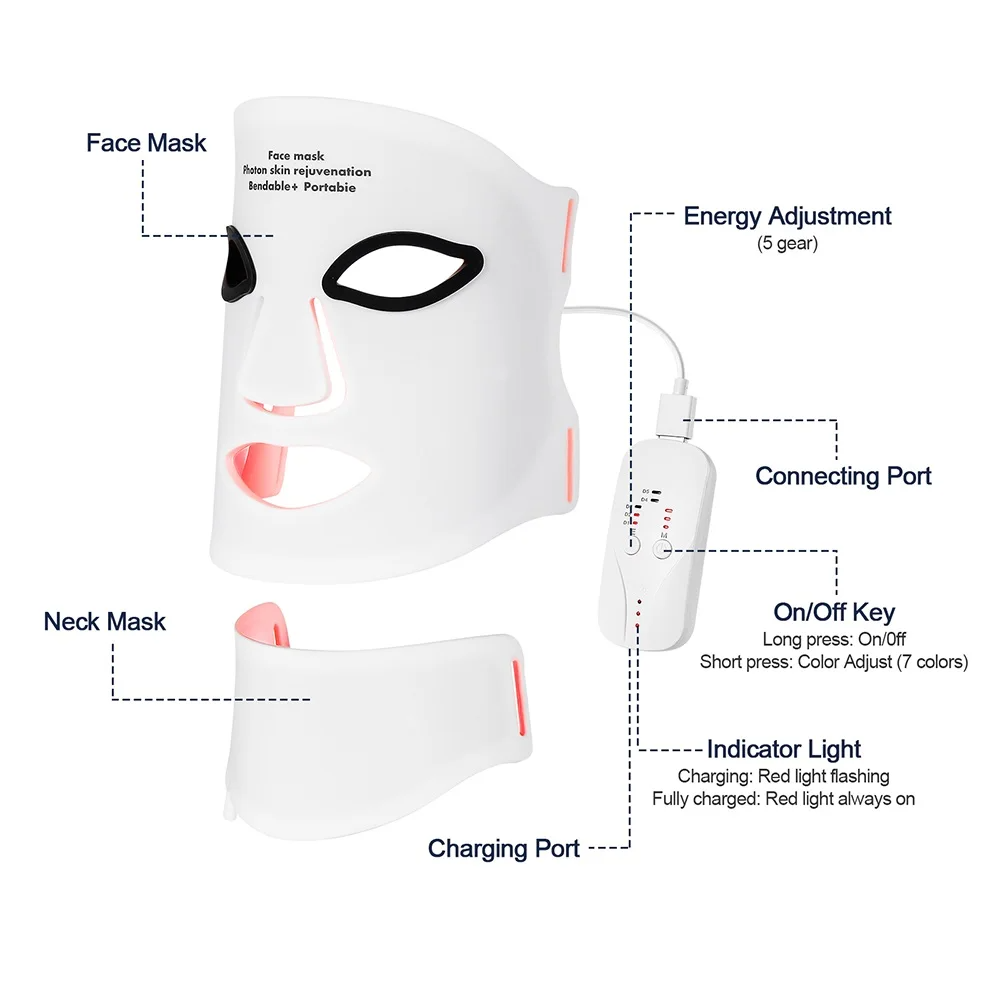 Silicone Red Light Therapy Mask 7 Color LED Face Mask Anti Aging Rejuvenation Brighten Facial Mask with Eye Protection Cushion