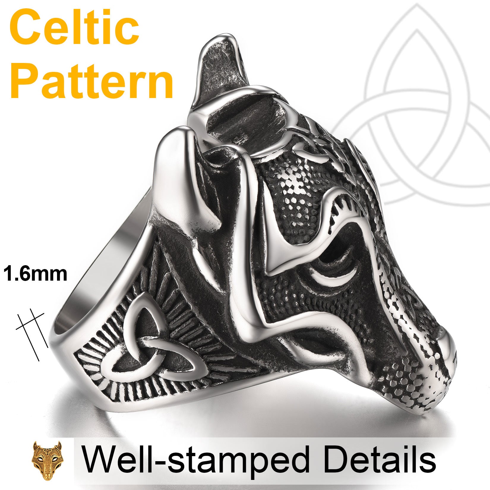 ChiansPro Men Ring 3D Viking Wolf Head Majestic Powerfull Animal Symbol Stainless Steel Waterpoof Durable Punk Jewelry