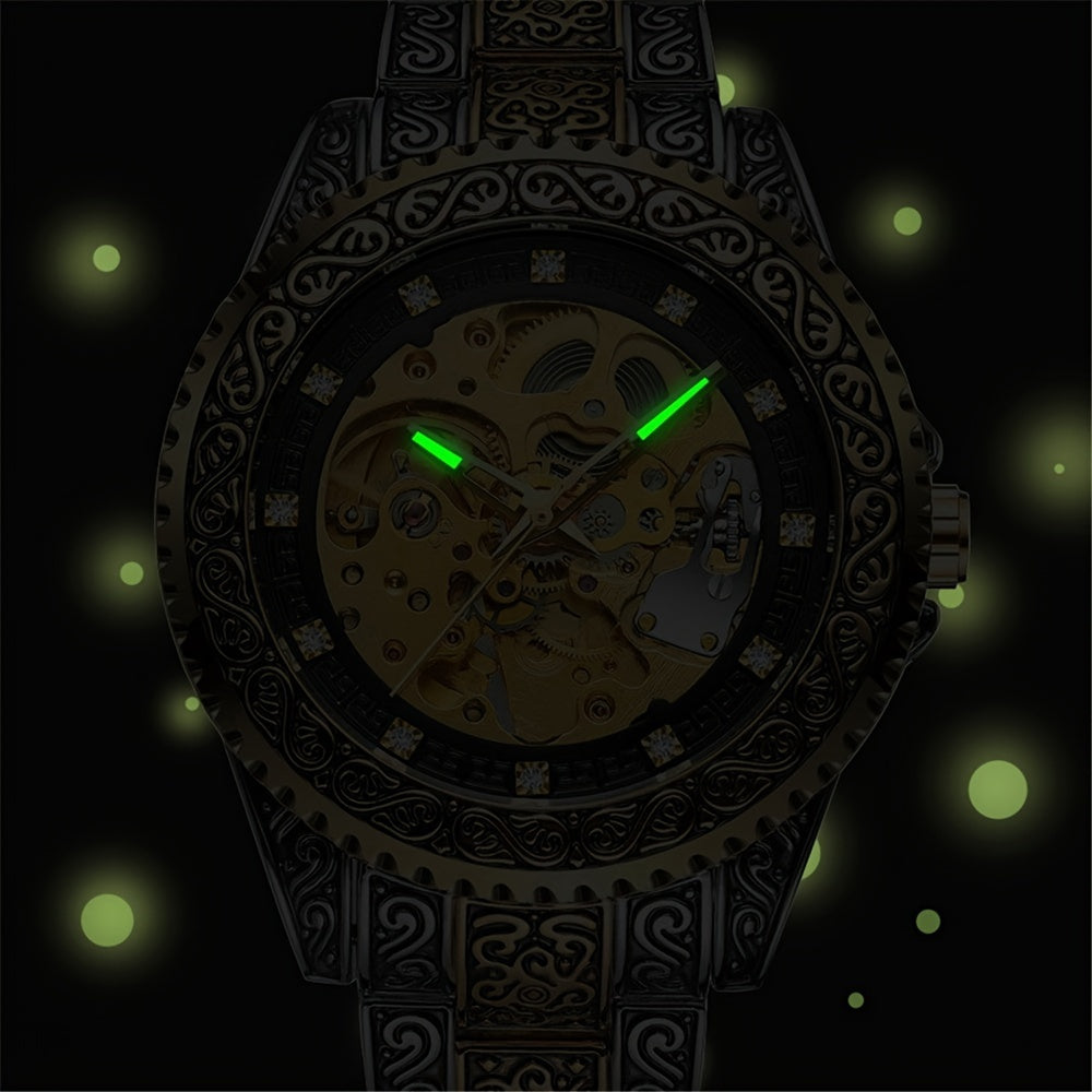 Men's Fashion Carved Golden Mechanical Watch.