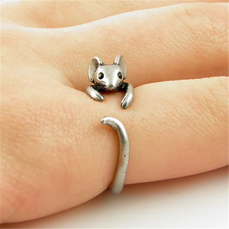 Huitan Cute Mouse Shape Open Ring for Women Antique Silver Color Modern Fashion Girls Finger Accessories Hip Hop Party Jewelry