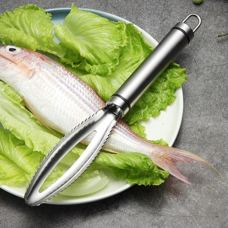 Efficient stainless steel fish cleaning tool.