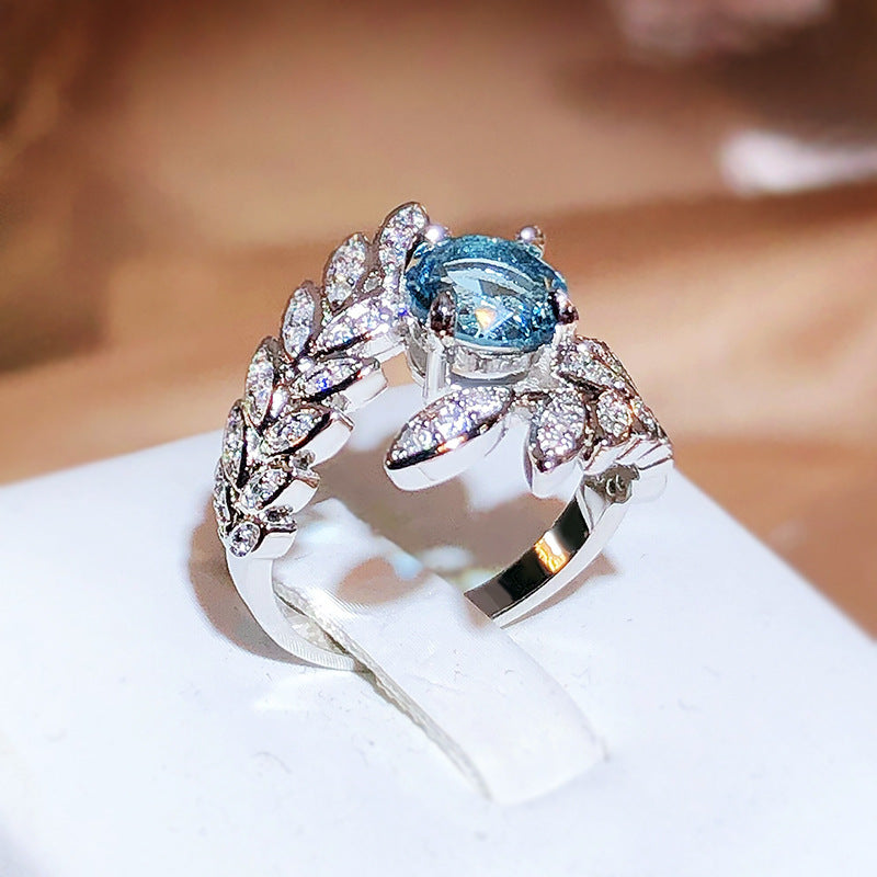 New 925 Sterling Silver Topaz Sea Blue Stone Feather Ring for Women Luxury Elegant Fashion Jewelry Resizable Finger Ring