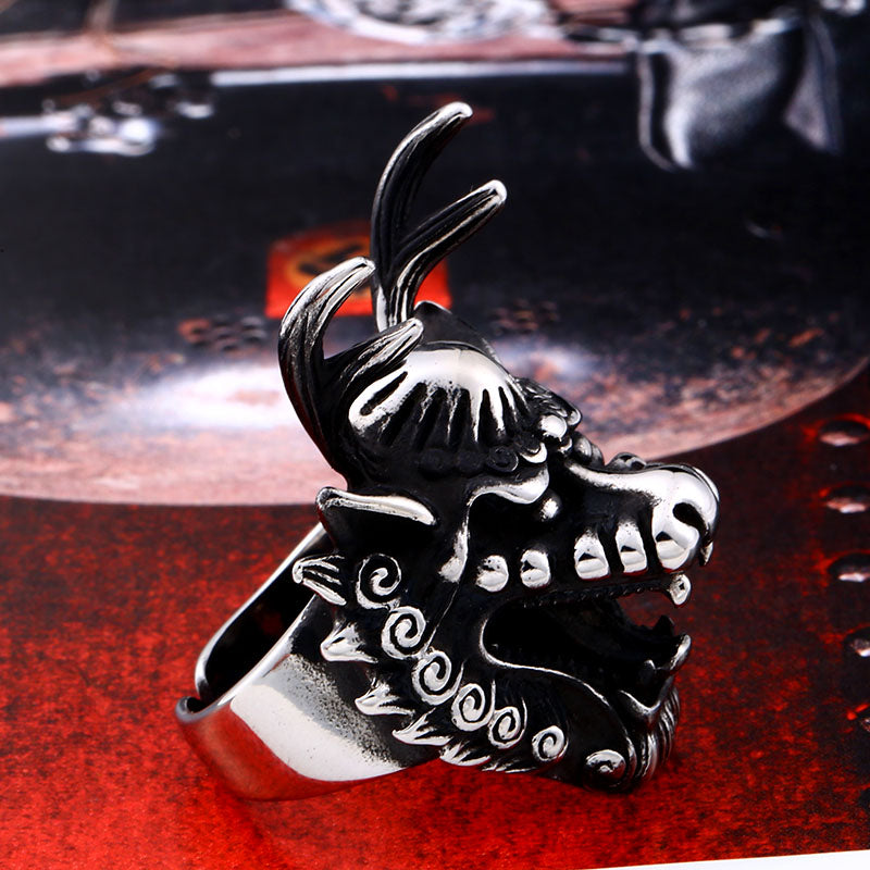 Stainless Steel Oriental Dragon Head Men's Ring.