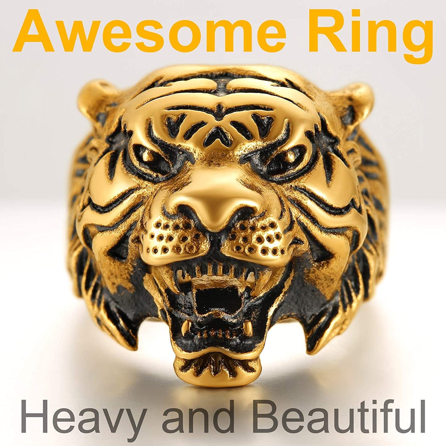 Gift Men Stunning Tiger Head Spiritual Animal Ring, Size #7-14, 316L Stainless Steel/18K Gold Plated Engravable CP471