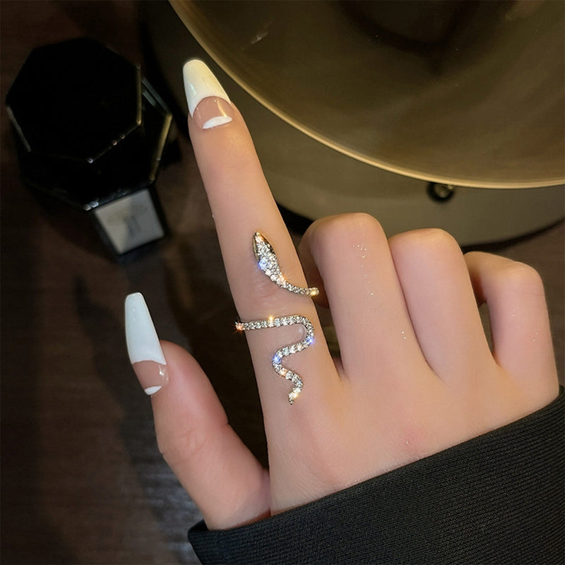 Punk Open Snake Shaped Ring Adjustable Animal Rings for Women Rhinestone Zircon Ring Fashion Hiphop Girls Party Jewelry Gifts