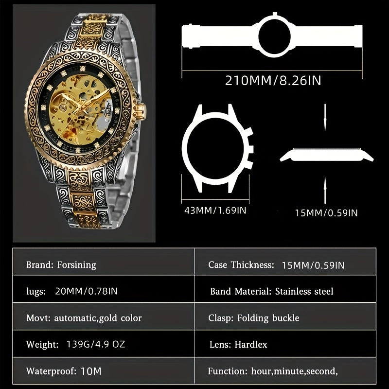 Men's Fashion Carved Golden Mechanical Watch.