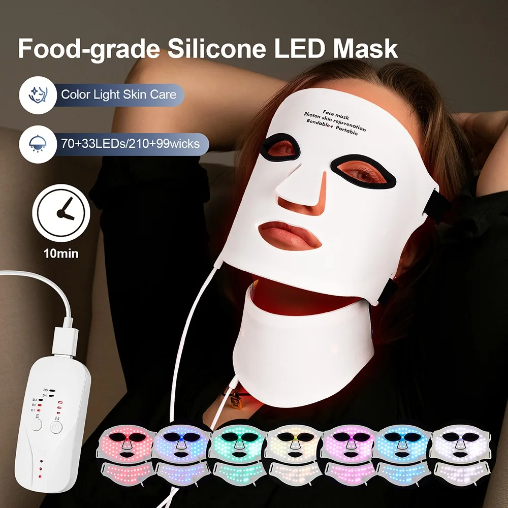 Silicone Red Light Therapy Mask 7 Color LED Face Mask Anti Aging Rejuvenation Brighten Facial Mask with Eye Protection Cushion