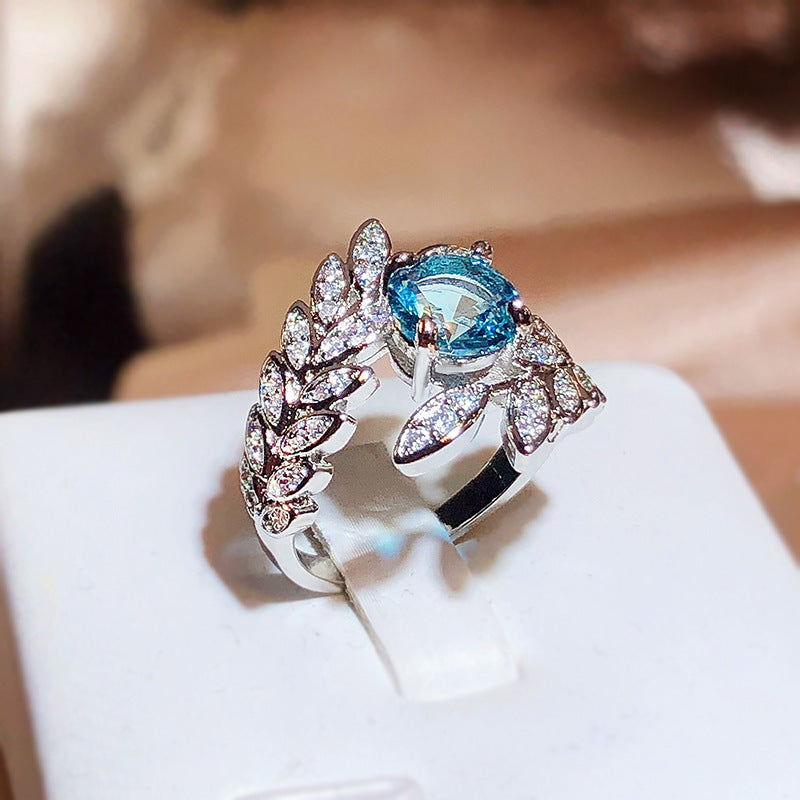 New 925 Sterling Silver Topaz Sea Blue Stone Feather Ring for Women Luxury Elegant Fashion Jewelry Resizable Finger Ring