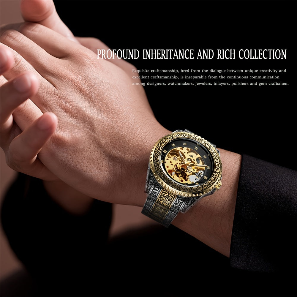 Men's Fashion Carved Golden Mechanical Watch.