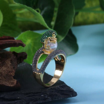 Huitan Cute Animal Ring Jumping Frog Shaped Fancy Rings Birthday Gift For Children Rough Surface With Simulated Pearl Ring