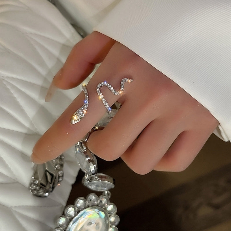 Punk Open Snake Shaped Ring Adjustable Animal Rings for Women Rhinestone Zircon Ring Fashion Hiphop Girls Party Jewelry Gifts