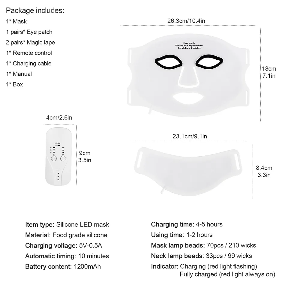 Silicone Red Light Therapy Mask 7 Color LED Face Mask Anti Aging Rejuvenation Brighten Facial Mask with Eye Protection Cushion