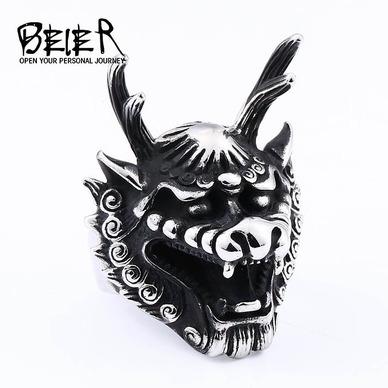 Stainless Steel Oriental Dragon Head Men's Ring.