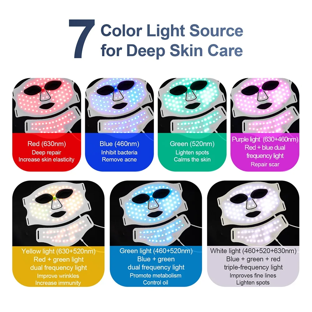 Silicone Red Light Therapy Mask 7 Color LED Face Mask Anti Aging Rejuvenation Brighten Facial Mask with Eye Protection Cushion