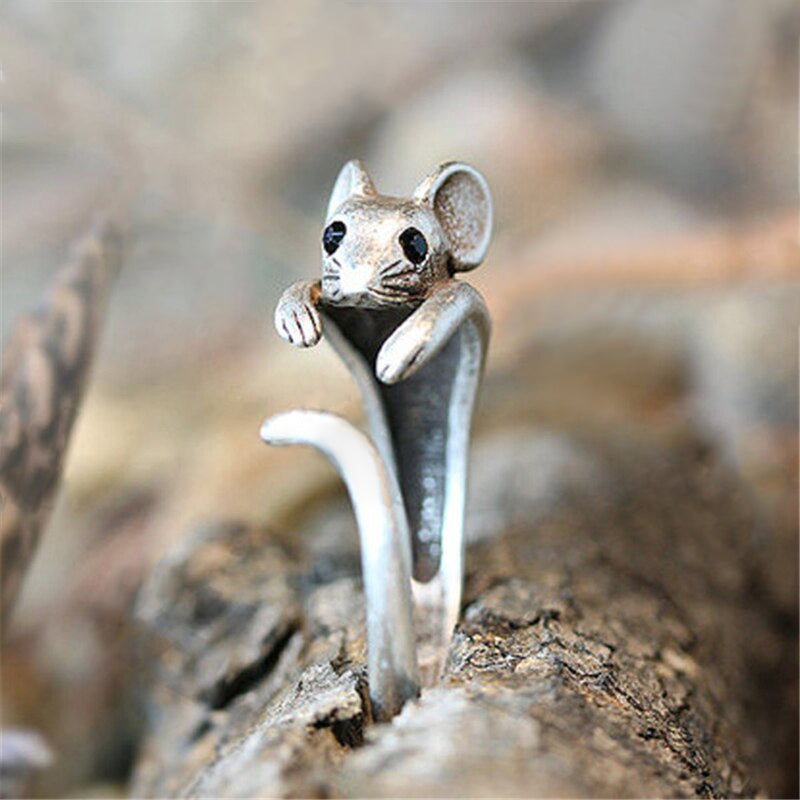 Huitan Cute Mouse Shape Open Ring for Women Antique Silver Color Modern Fashion Girls Finger Accessories Hip Hop Party Jewelry