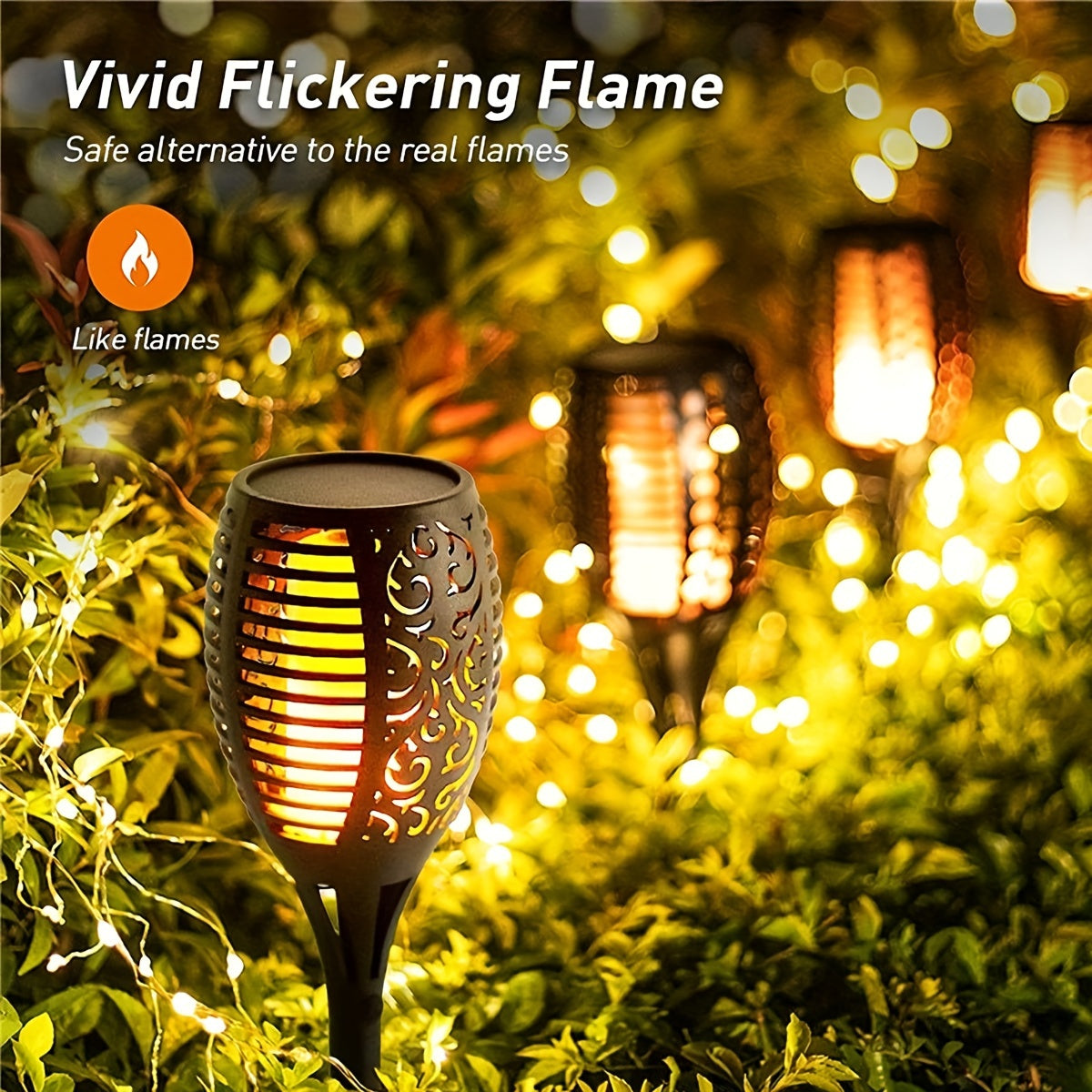 Solar flame torch light, Flickering flame effect, Outdoor lighting, Garden decor, Pathway lights, Waterproof torch light, Solar-powered torch, LED flame light, Landscape lighting, Patio decoration, Realistic flame effect, Dusk-to-dawn sensor, Weather-resistant, Solar garden lights, Torch light fixture,