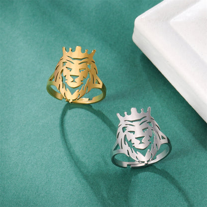 My Shape Lion King Crown Rings for Women Men Stainless Steel Punk Animal Head Adjustable Finger Rings for Boys Christmas Jewelry