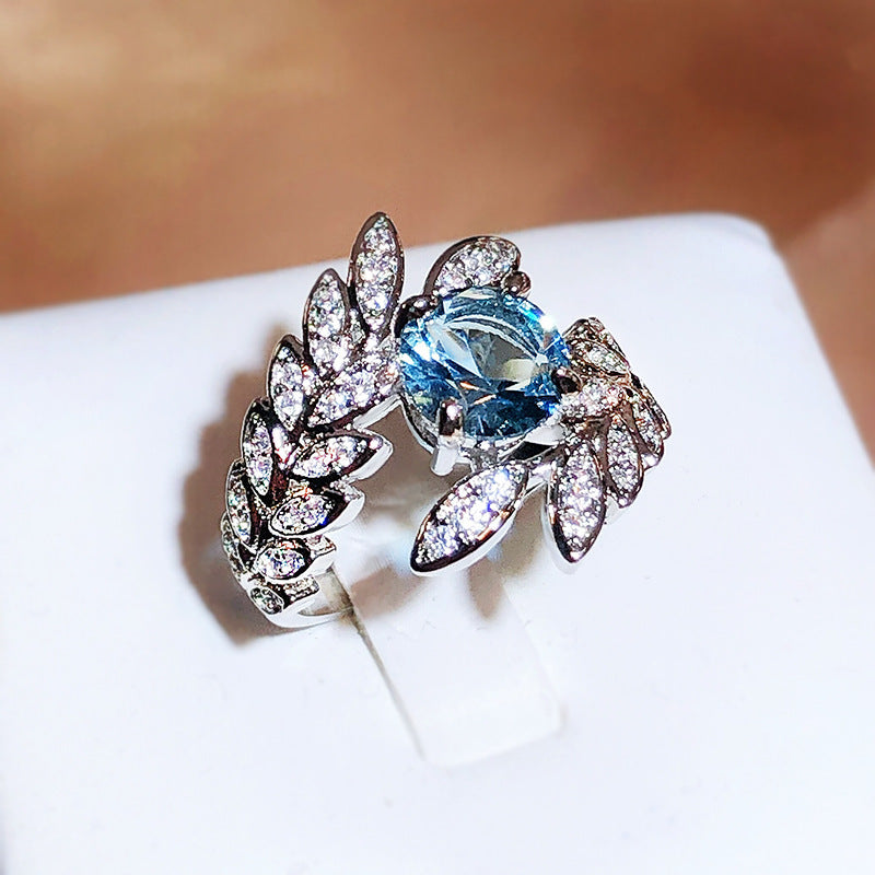 New 925 Sterling Silver Topaz Sea Blue Stone Feather Ring for Women Luxury Elegant Fashion Jewelry Resizable Finger Ring