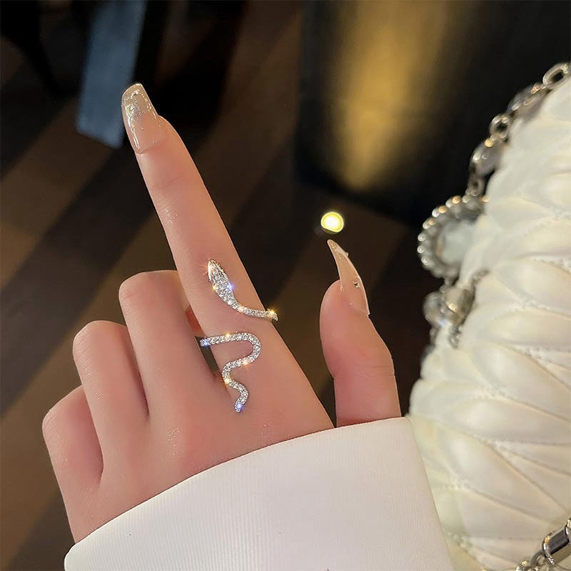 Punk Open Snake Shaped Ring Adjustable Animal Rings for Women Rhinestone Zircon Ring Fashion Hiphop Girls Party Jewelry Gifts