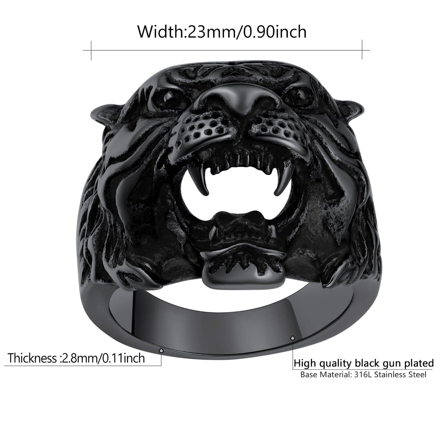 Gift Men Stunning Tiger Head Spiritual Animal Ring, Size #7-14, 316L Stainless Steel/18K Gold Plated Engravable CP471