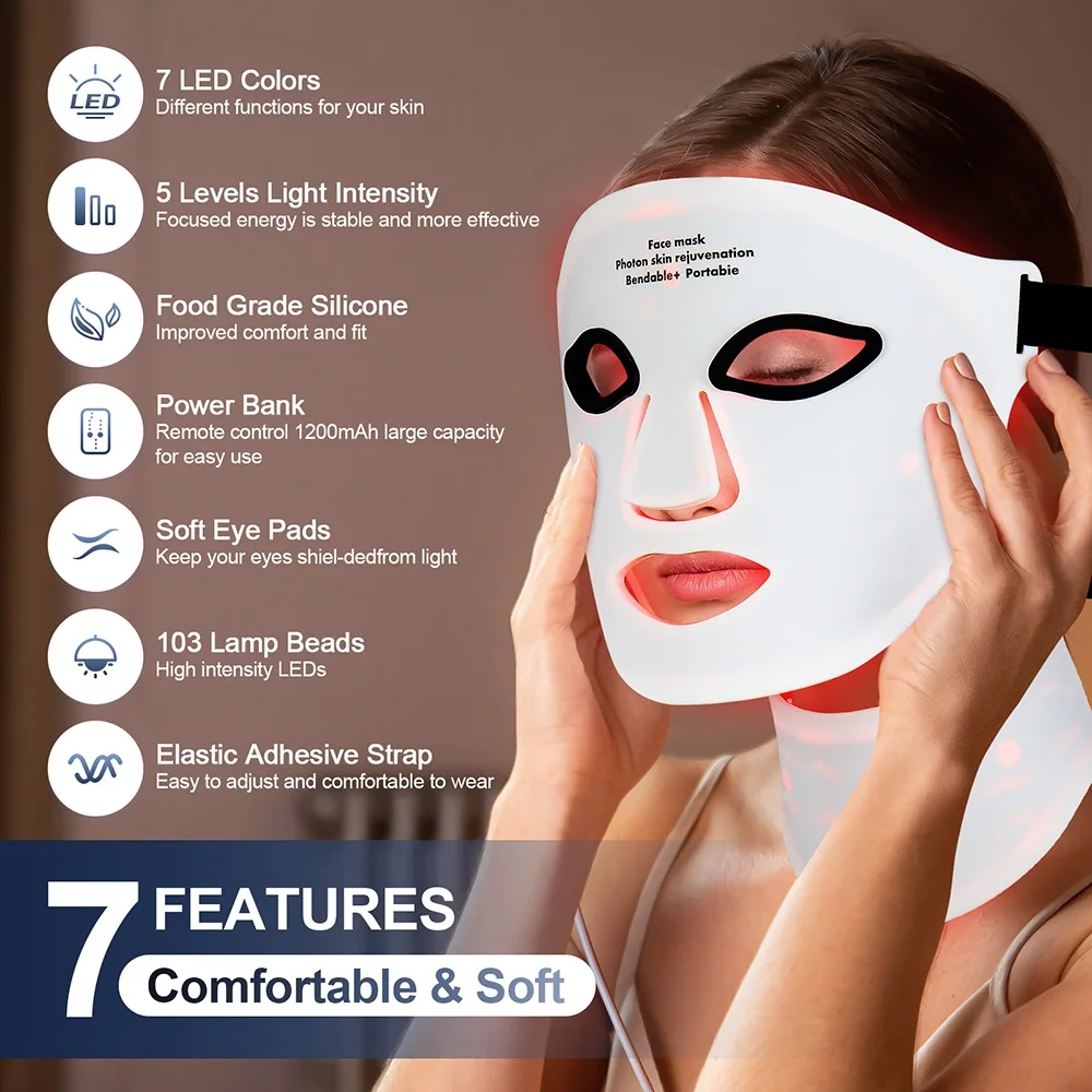 Silicone Red Light Therapy Mask 7 Color LED Face Mask Anti Aging Rejuvenation Brighten Facial Mask with Eye Protection Cushion