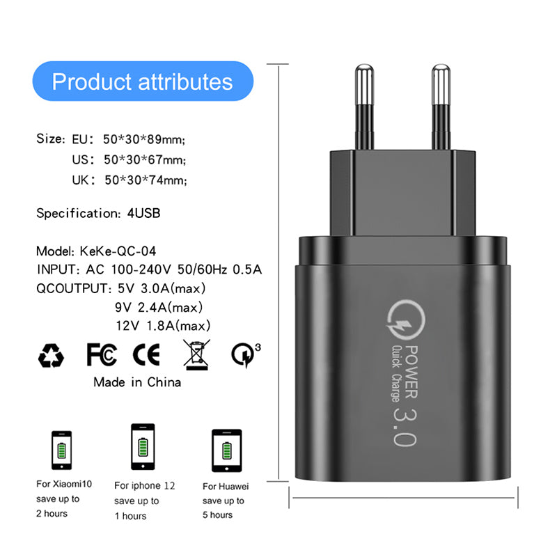 USB Charger: 4 Port 60W 3.1A Quick Charge