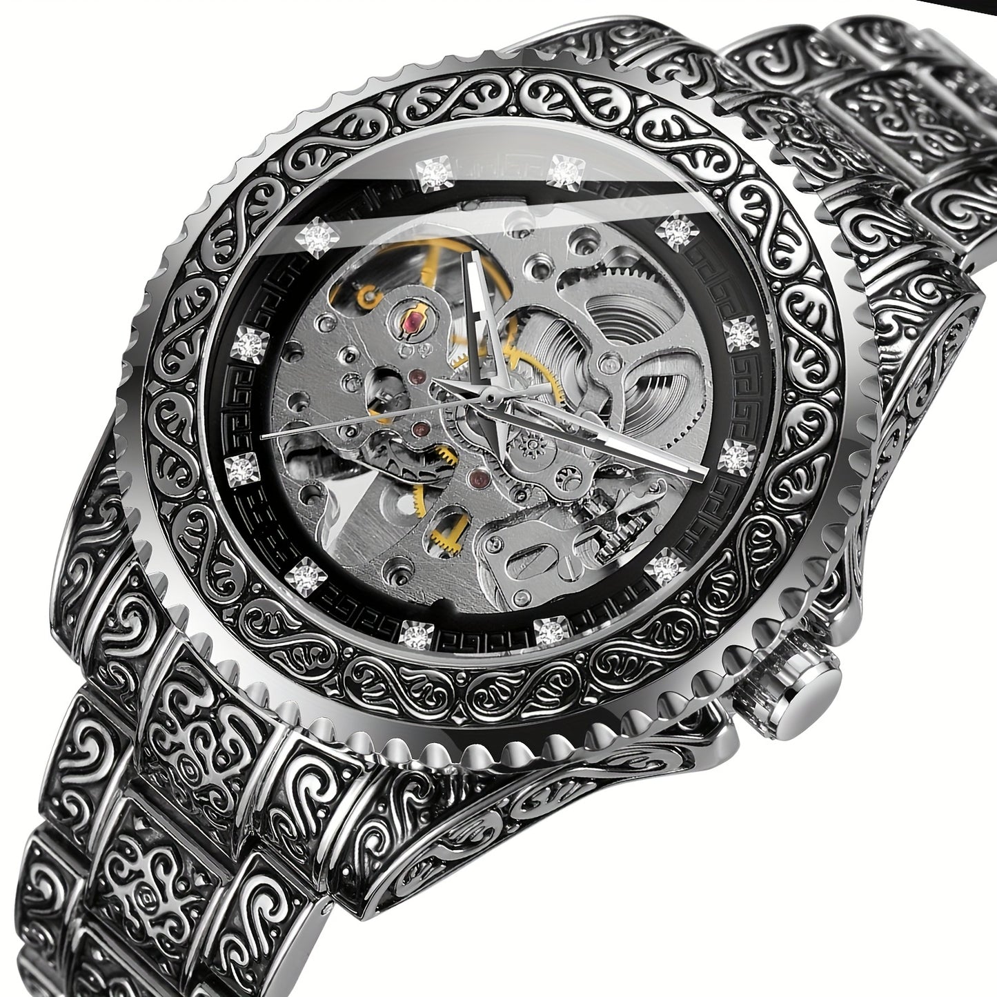 Men's Fashion Carved Golden Mechanical Watch.