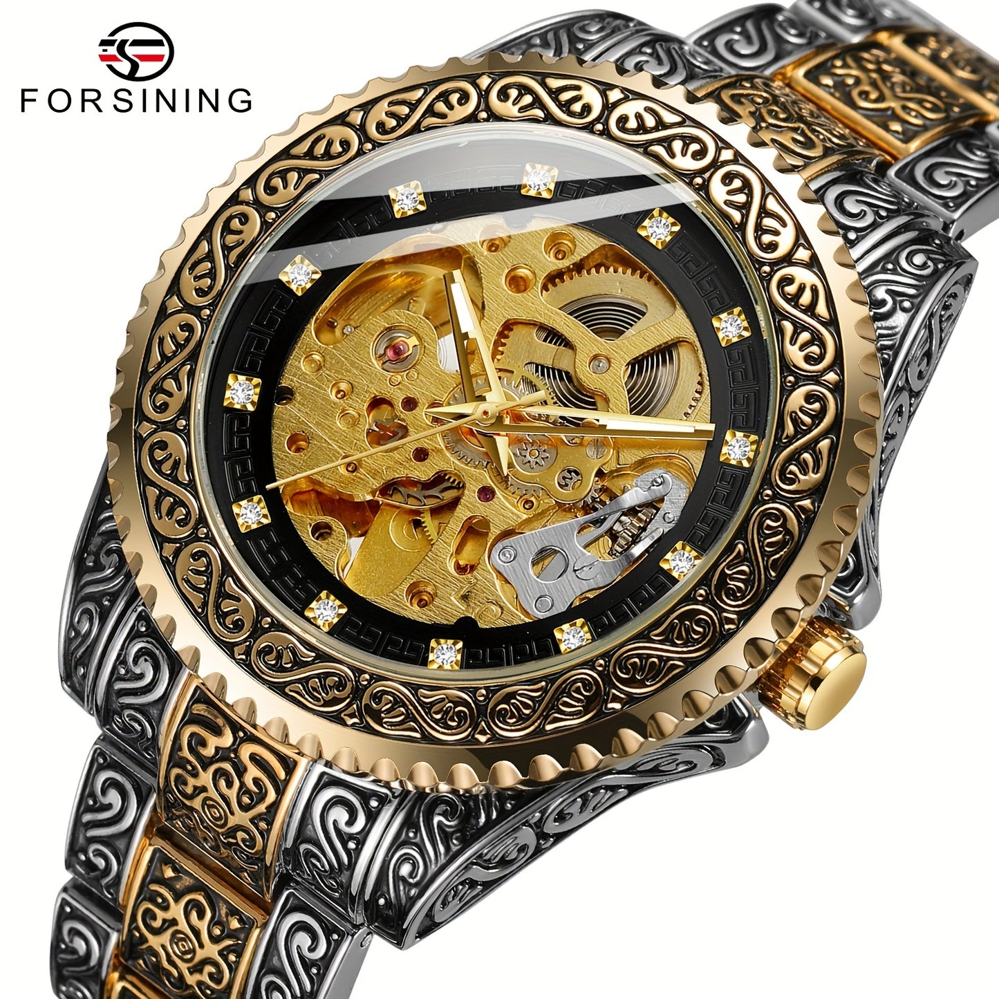 Men's Fashion Carved Golden Mechanical Watch.