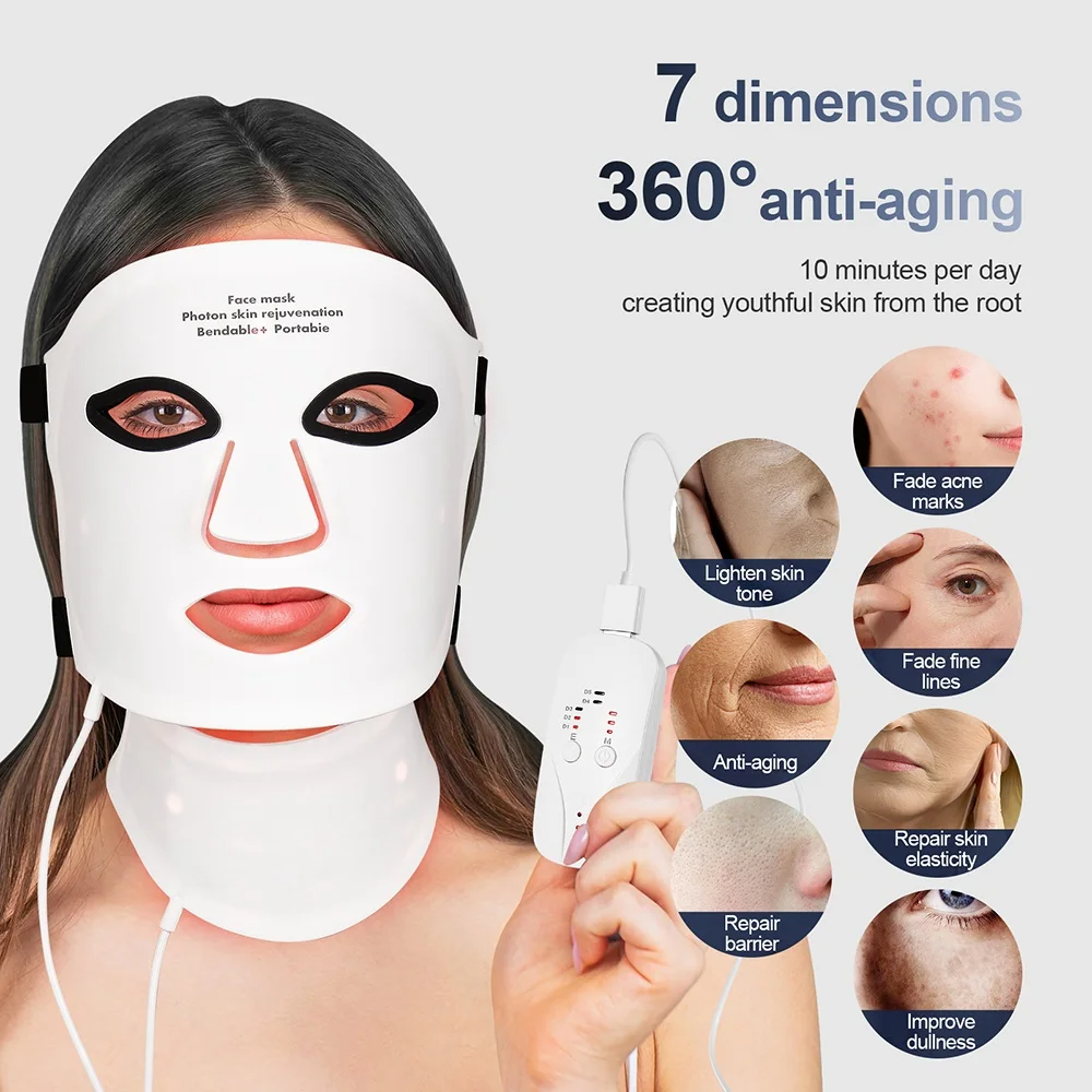 Silicone Red Light Therapy Mask 7 Color LED Face Mask Anti Aging Rejuvenation Brighten Facial Mask with Eye Protection Cushion