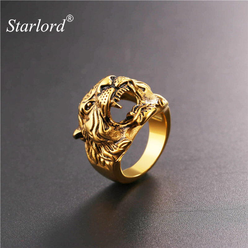 Starlord Cool Tiger Head Ring Punk Rock Jewelry Yellow Gold Color Mens Stainless Steel Biker Cocktail Rings Anillos GR2466