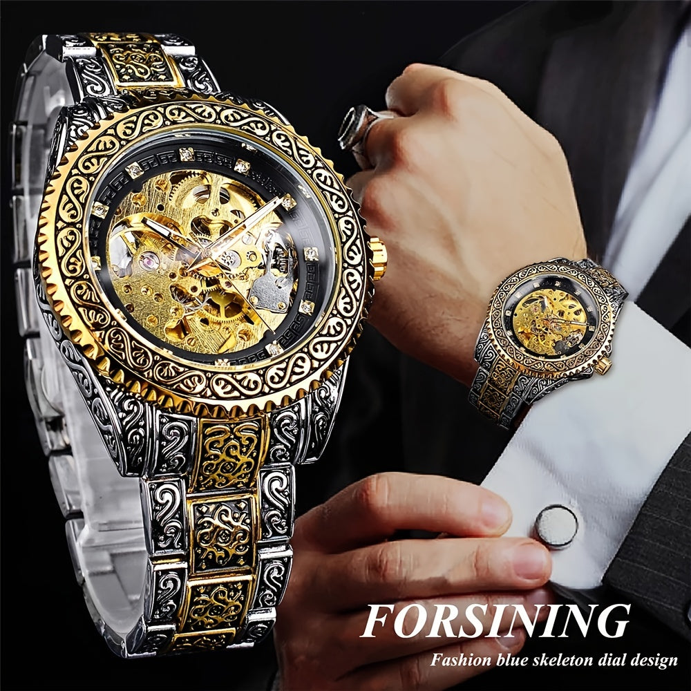 Men's Fashion Carved Golden Mechanical Watch.