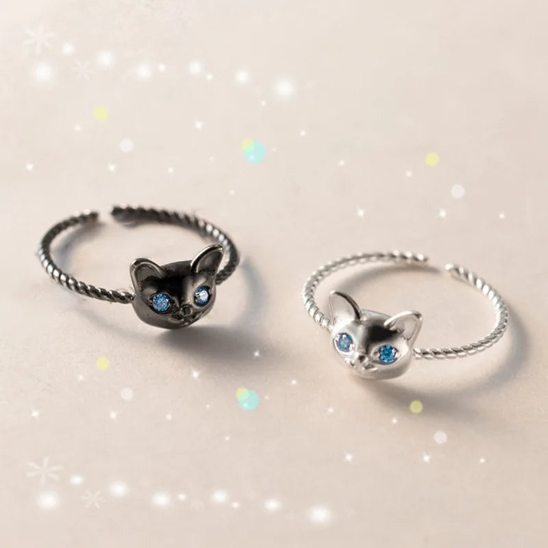 Vintage Cute Black Cat White Cat Love Couple Rings.