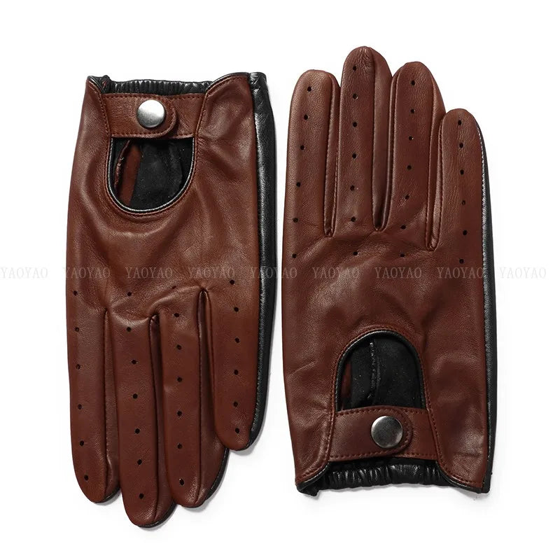 YYST29 Branded New Spring Men Genuine Leather Gloves Male Double Color Patchwork Punk Thin Luvas Fashion Driving Mittens