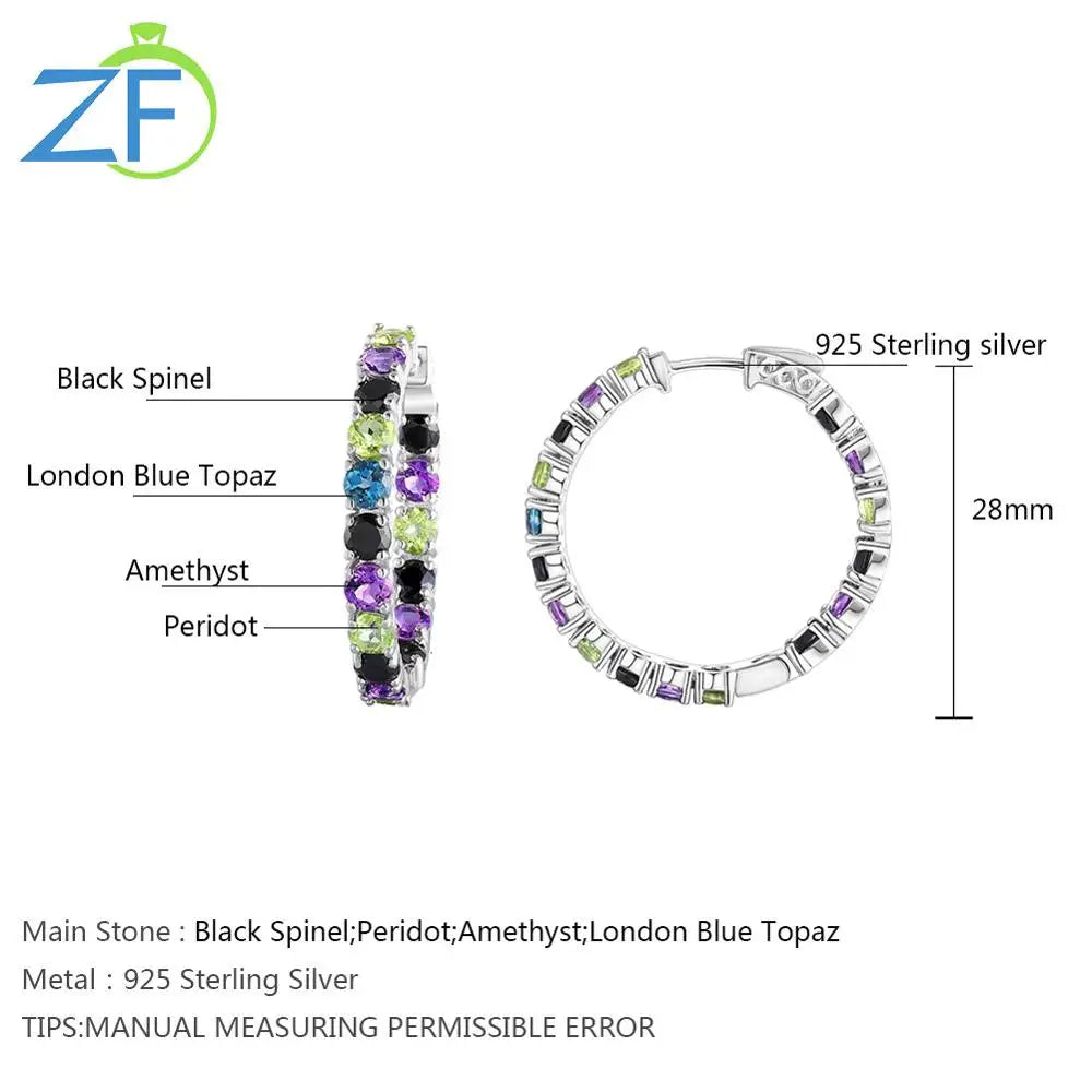 GZ ZONGFA New Fashion Natural Blue Topaz Amethyst Multi Gemstone Custom Jewelry 925 Sterling Silver Large Hoop Earrings Women