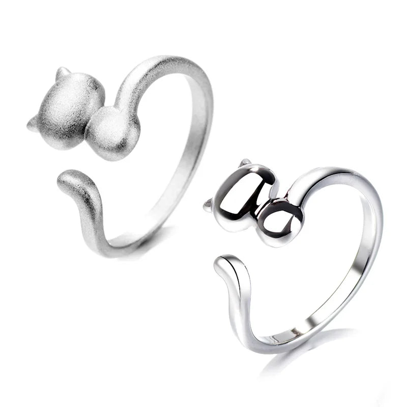 Silver 925 Rings For Women Korea Style Cat Finger Ring.