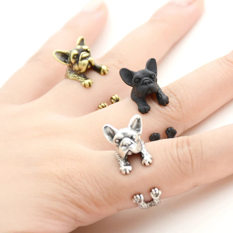 Retro Punk French Bulldog Ring For Women Men.