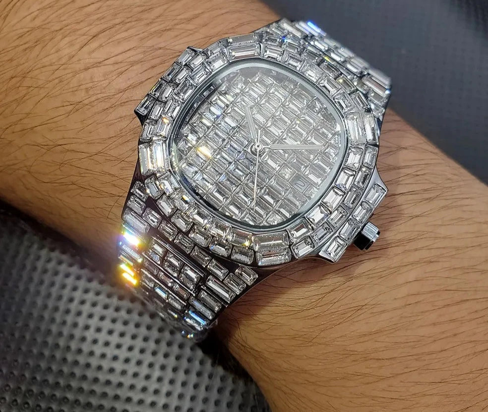 Luxury Watch For Men HipHop Diamond Silver.