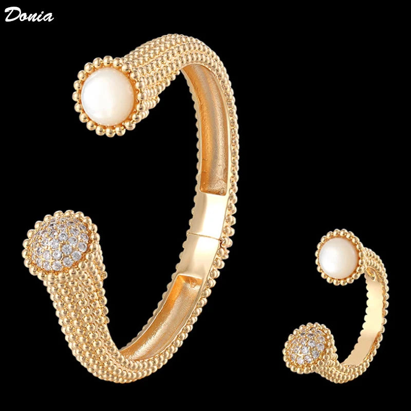 Donia Jewelry gold Simple square Beaded open-ended bangle and ring jewelry set fashion copper bangle everyone new year gifts