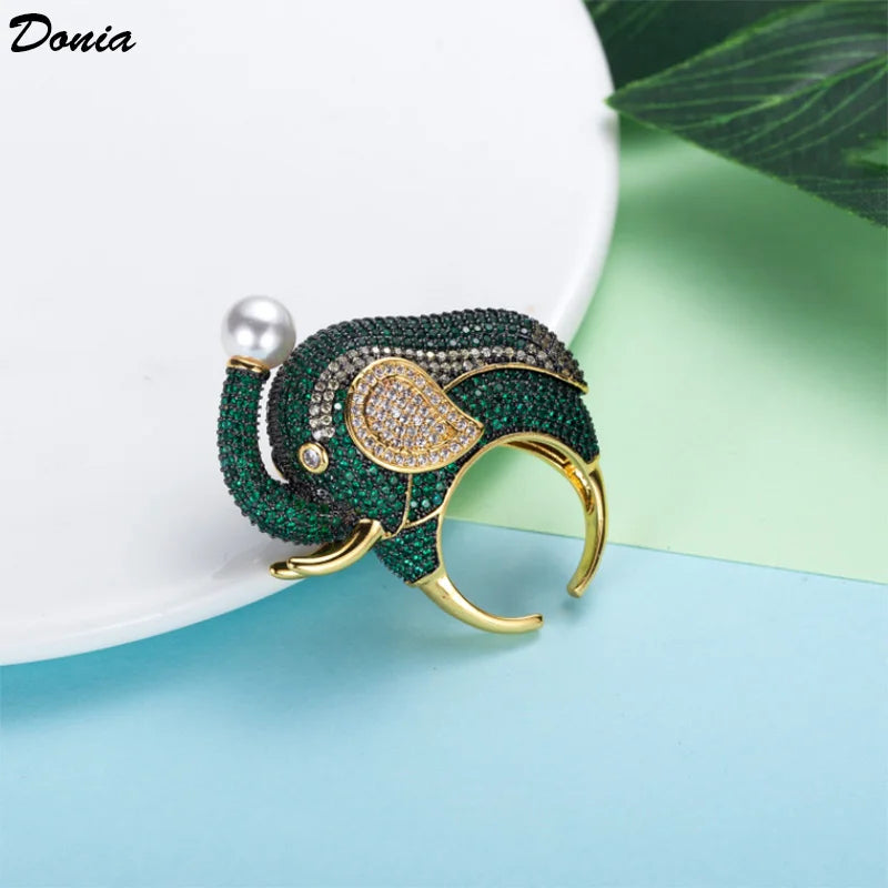 Donia jewelry Thai Pearl Elephant Shape Luxury Wedding Ring metal copper pave miro zirconia animal brdal rings jewelry