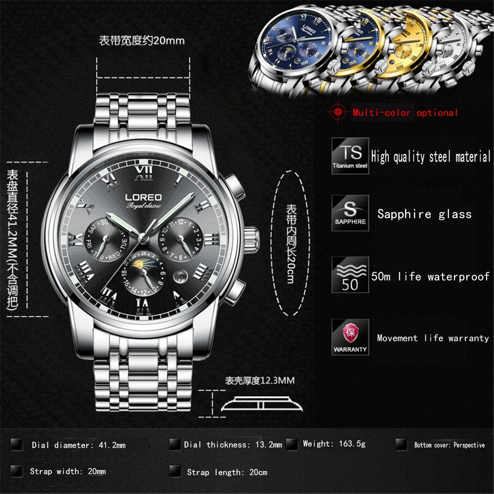 LOREO Top Brand Luxury Sapphire Waterproof Stainless Steel Watch.