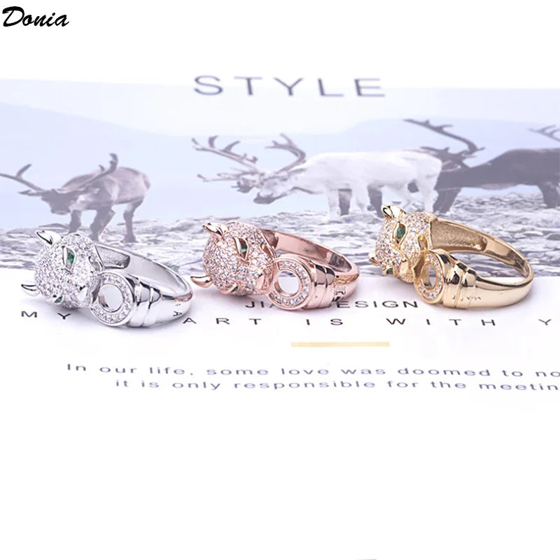 Donia Jewelry European and American retro copper luxury AAA zircon leopard bracelet ring set men&