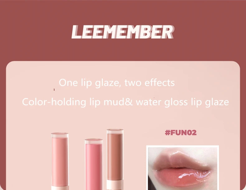 New Update!LEEMEMBER Double-Headed Two Effect Lip Glaze Water Mirror Surface Glossy & Matte Non-Stick Liquid Lip Mud Tint Makeup