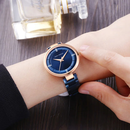 MINI FOCUS 2019 Fashion Elegant Ladies Watch Blue Stainless Steel Strap Rose Golden Bezel Top Brand Luxury Dress Women Watches