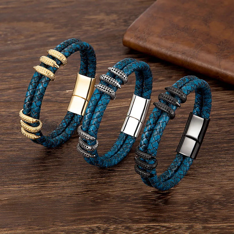 MKENDN Punk Men Vintage Blue Braided Genuine Leather Bracelet Black Dragon Claw Homme Femme Bracelets Handmade Jewelry Pulseras