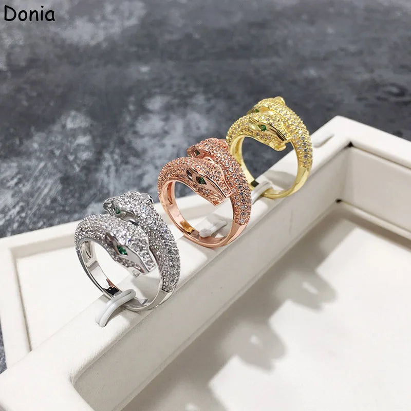 Donia jewelry European and American fashion double panther head copper micro-inlaid zircon ring animal ring luxury ring